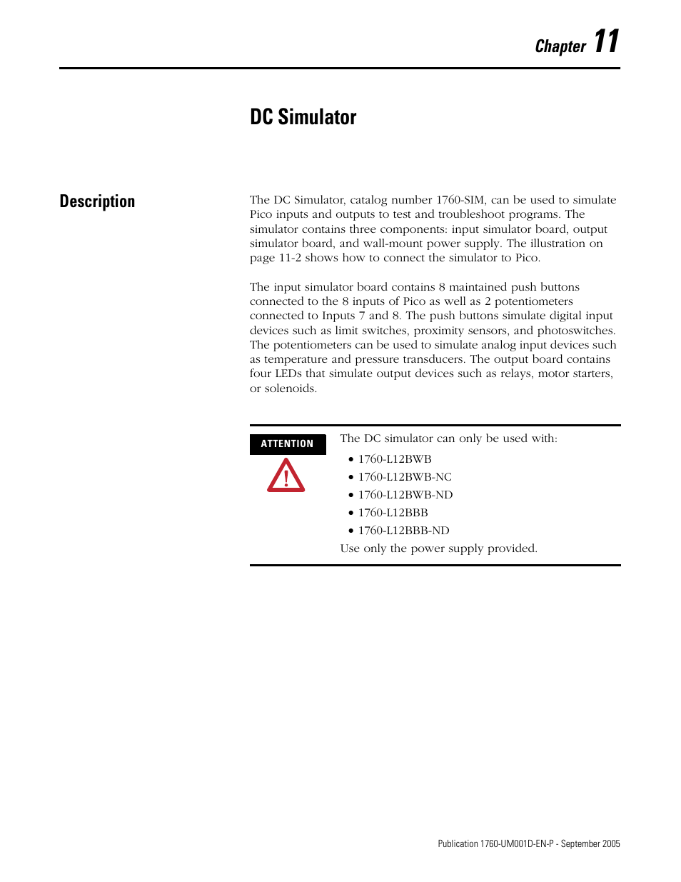 11 - dc simulator, Description, Chapter 11 | Dc simulator, Description -1 | Rockwell Automation 1760-xxxx Pico Controller User Manual User Manual | Page 189 / 218