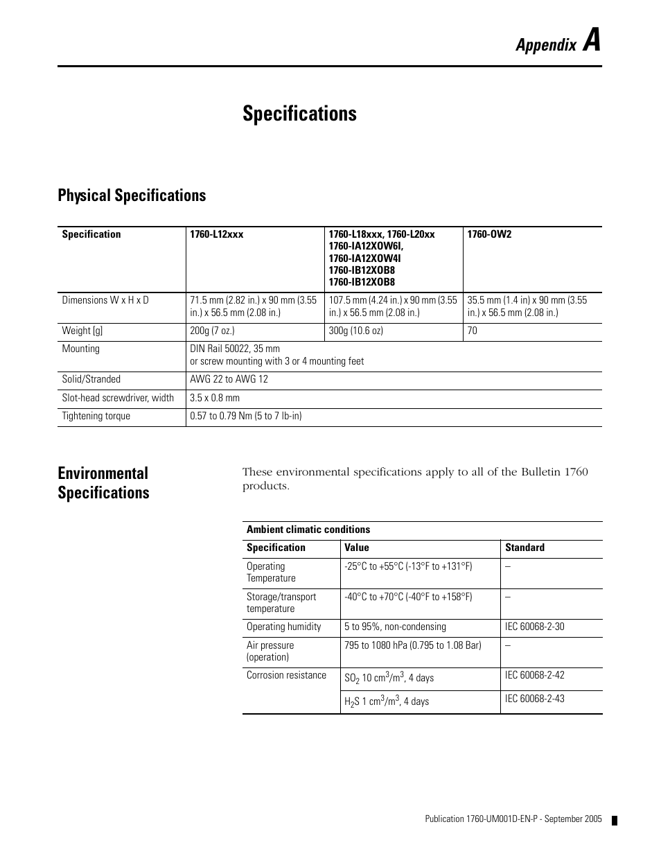 A - specifications, Physical specifications, Environmental specifications | Appendix a, Specifications, Appendix | Rockwell Automation 1760-xxxx Pico Controller User Manual User Manual | Page 191 / 218