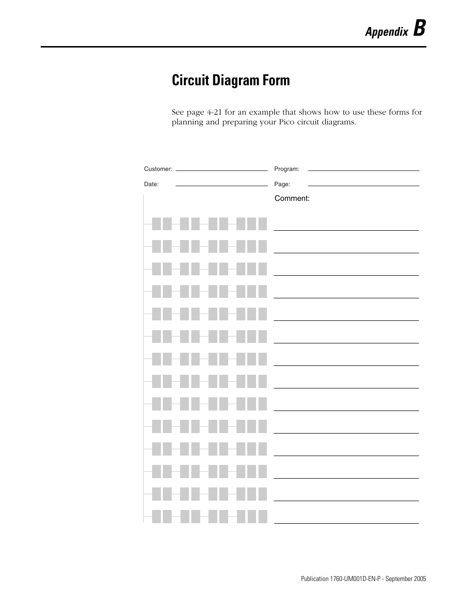 B - circuit diagram form, Appendix b, Circuit diagram form | Appendix | Rockwell Automation 1760-xxxx Pico Controller User Manual User Manual | Page 207 / 218