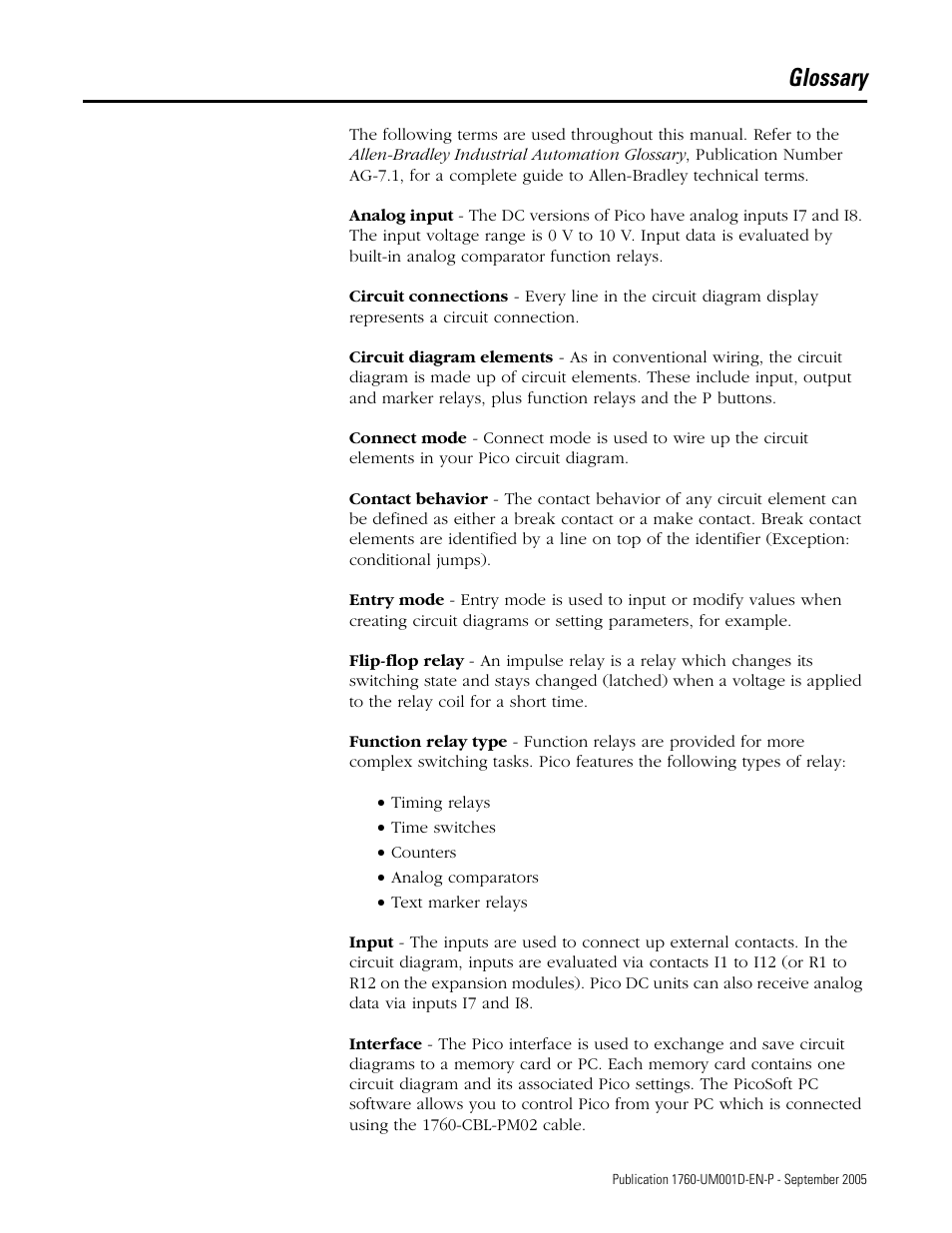 Glossary | Rockwell Automation 1760-xxxx Pico Controller User Manual User Manual | Page 209 / 218