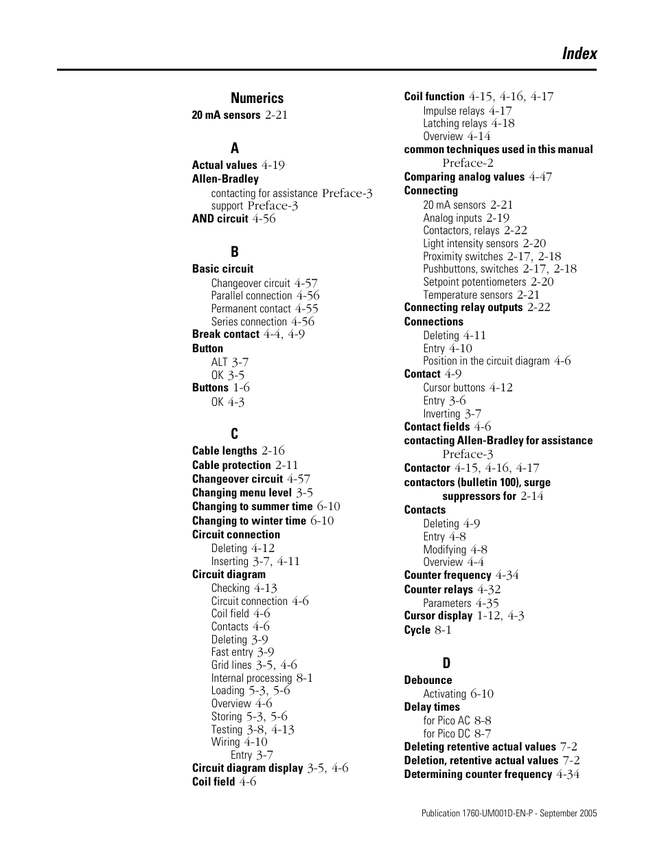 Index | Rockwell Automation 1760-xxxx Pico Controller User Manual User Manual | Page 213 / 218