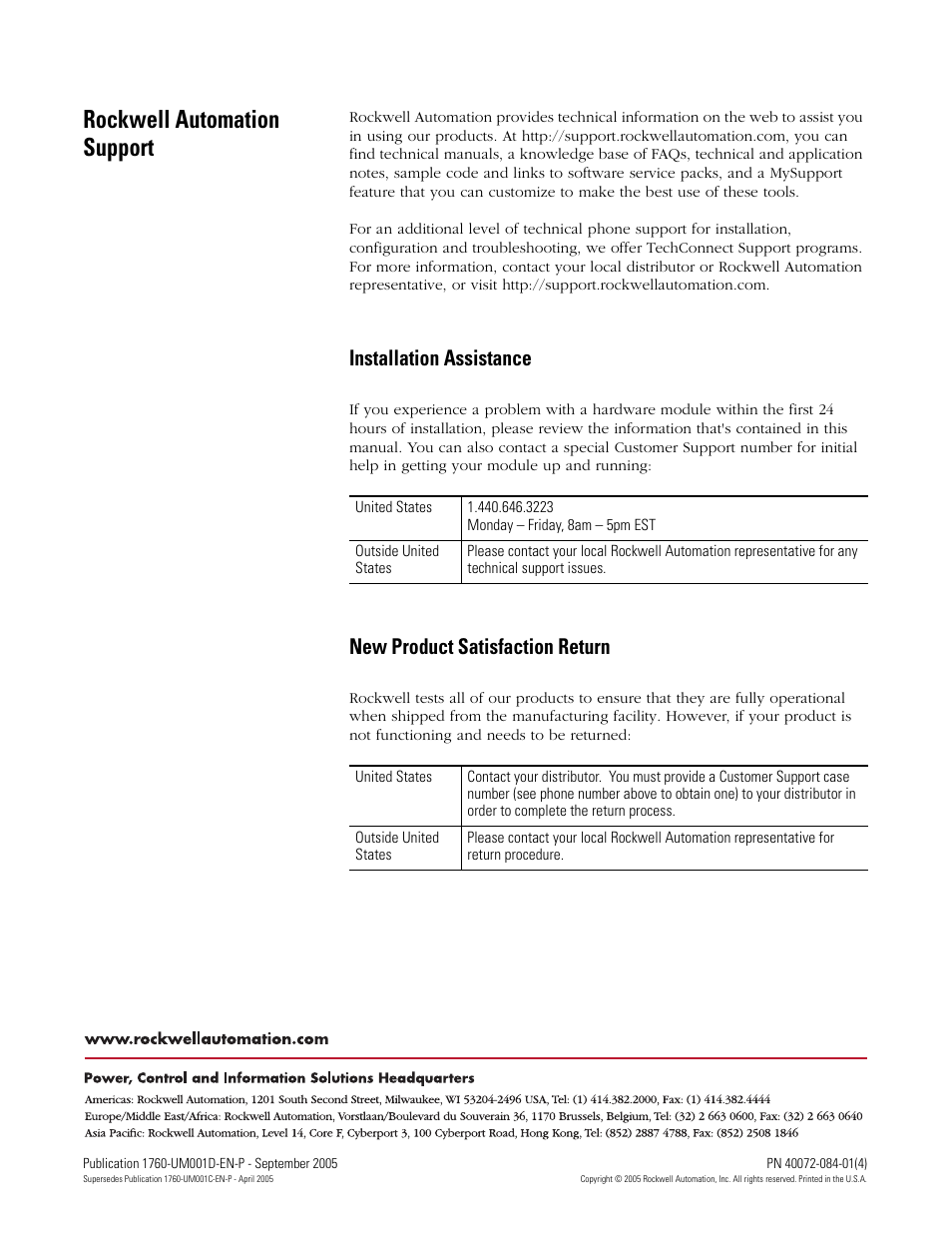 Back cover, Rockwell automation support, Installation assistance | New product satisfaction return | Rockwell Automation 1760-xxxx Pico Controller User Manual User Manual | Page 218 / 218