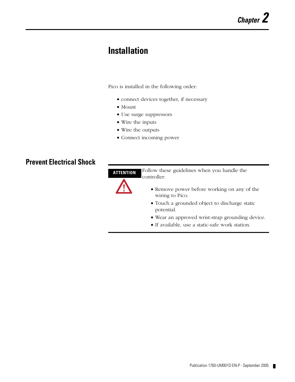 2 - installation, Prevent electrical shock, Chapter 2 | Installation, Prevent electrical shock -1, Chapter | Rockwell Automation 1760-xxxx Pico Controller User Manual User Manual | Page 25 / 218
