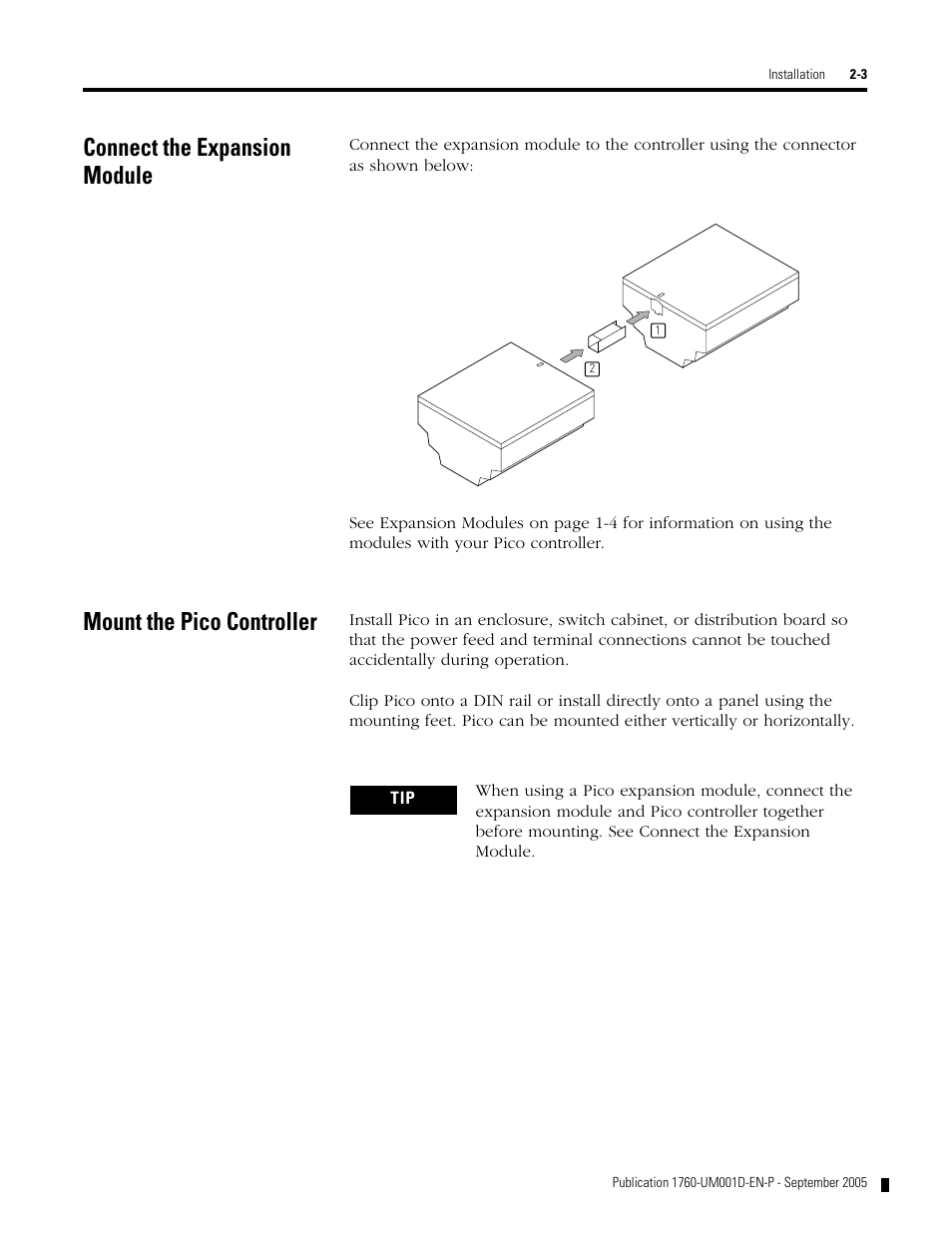 Connect the expansion module, Mount the pico controller | Rockwell Automation 1760-xxxx Pico Controller User Manual User Manual | Page 27 / 218