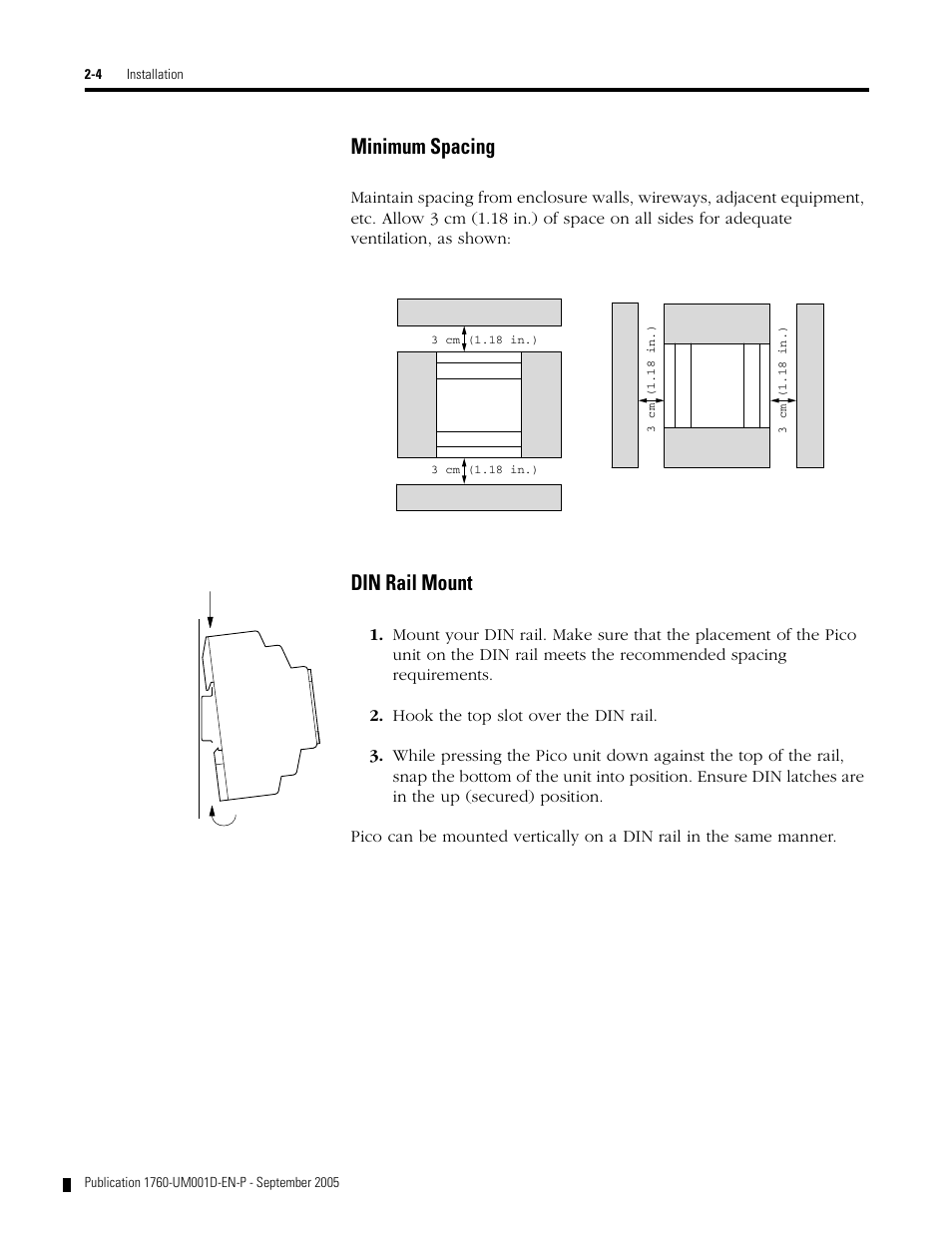 Minimum spacing, Din rail mount | Rockwell Automation 1760-xxxx Pico Controller User Manual User Manual | Page 28 / 218