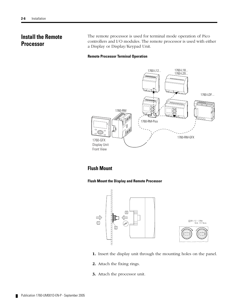 Install the remote processor, Install the remote processor -6, Flush mount | Rockwell Automation 1760-xxxx Pico Controller User Manual User Manual | Page 30 / 218