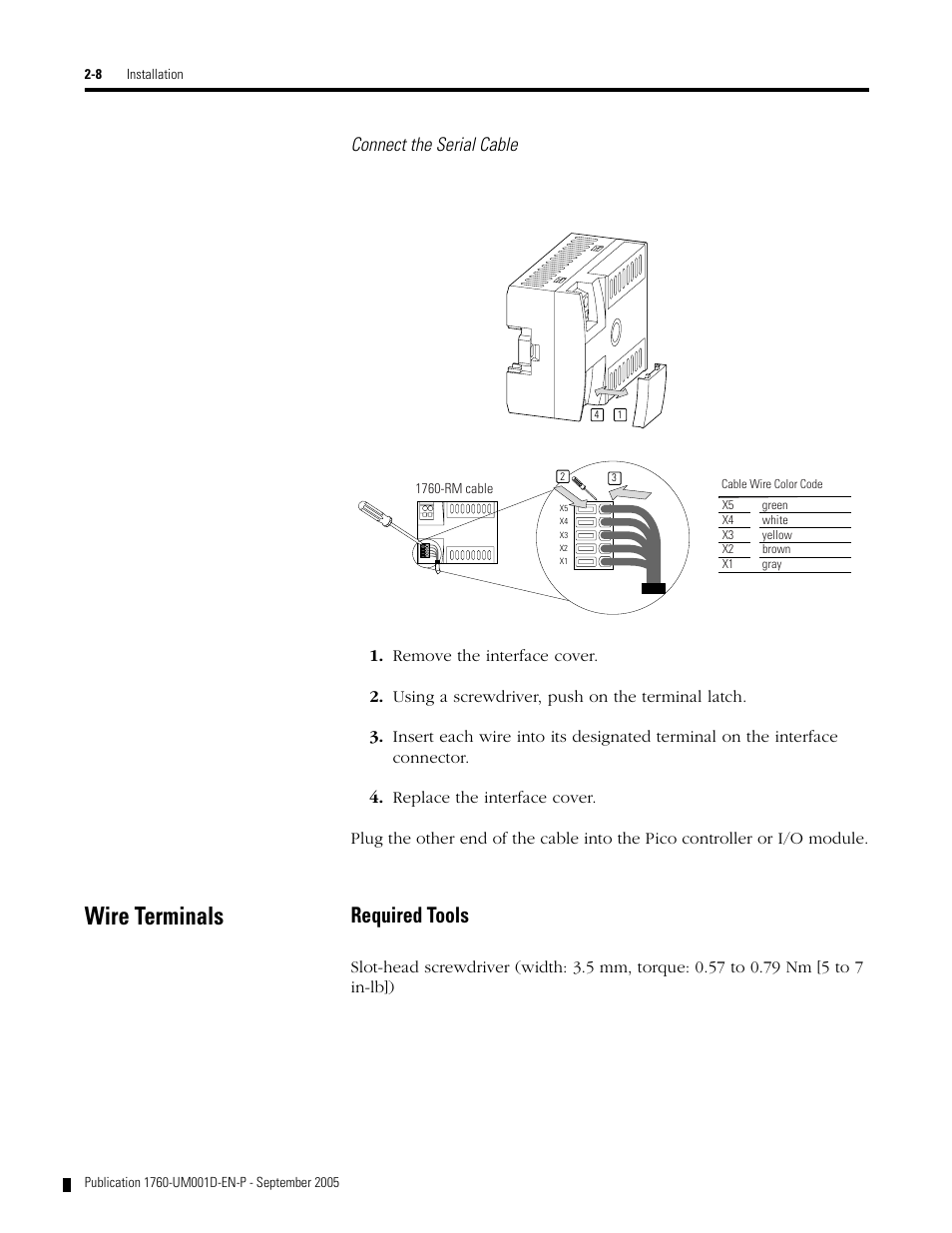 Wire terminals, Wire terminals -8, Required tools | Connect the serial cable | Rockwell Automation 1760-xxxx Pico Controller User Manual User Manual | Page 32 / 218