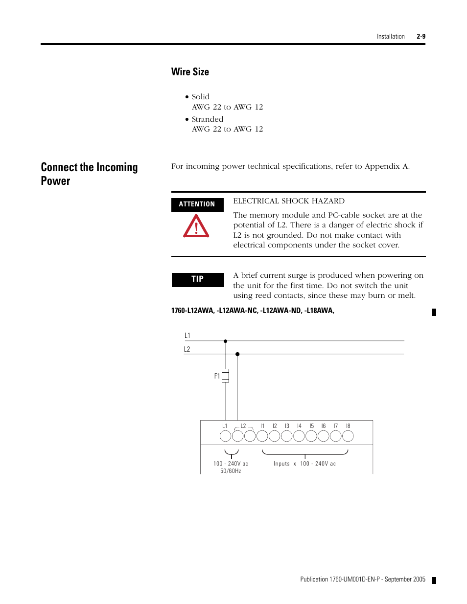 Connect the incoming power, Connect the incoming power -9, Wire size | Rockwell Automation 1760-xxxx Pico Controller User Manual User Manual | Page 33 / 218