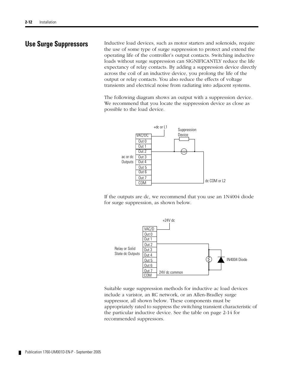 Use surge suppressors, Use surge suppressors -12 | Rockwell Automation 1760-xxxx Pico Controller User Manual User Manual | Page 36 / 218