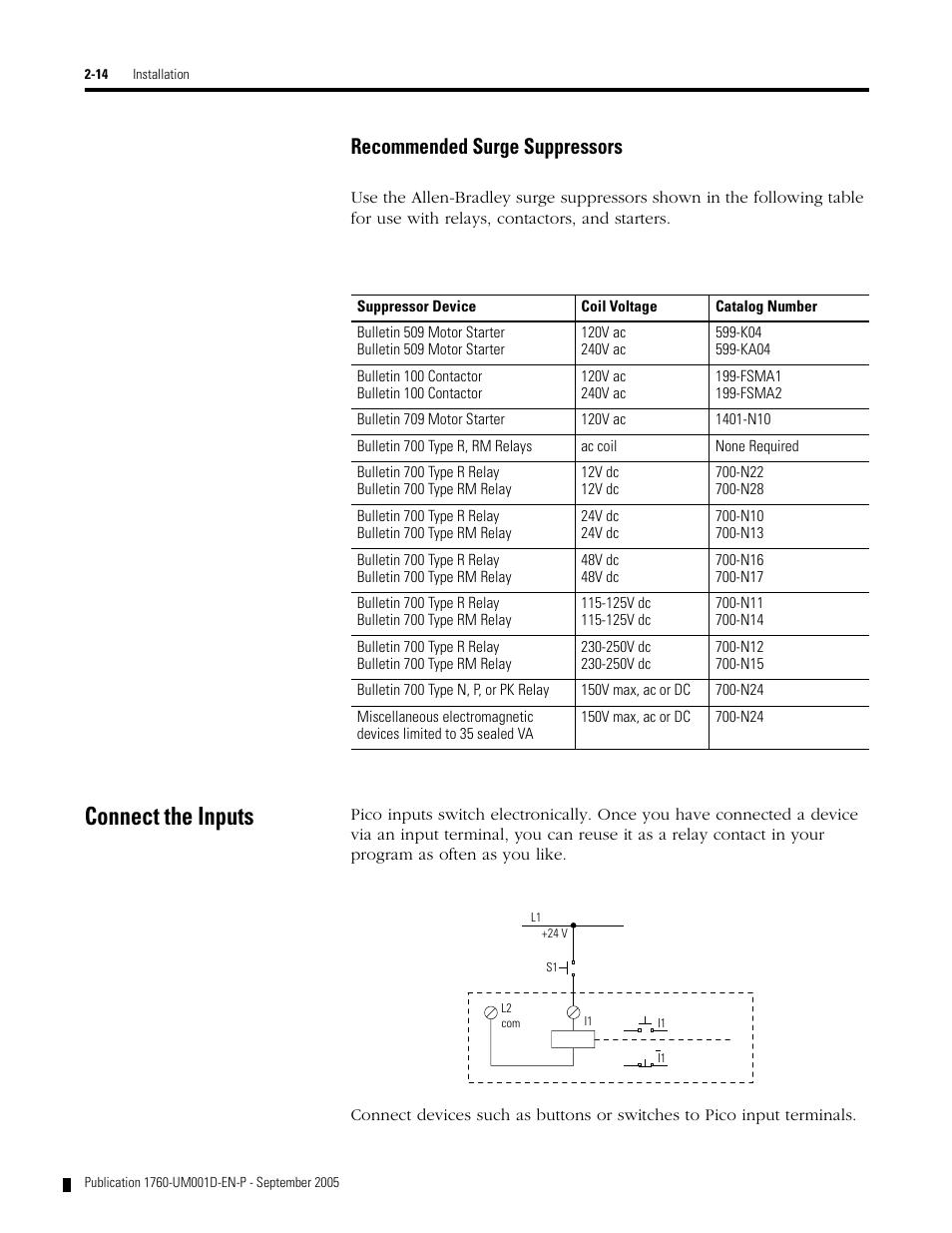 Connect the inputs, Connect the inputs -14, Recommended surge suppressors | Rockwell Automation 1760-xxxx Pico Controller User Manual User Manual | Page 38 / 218