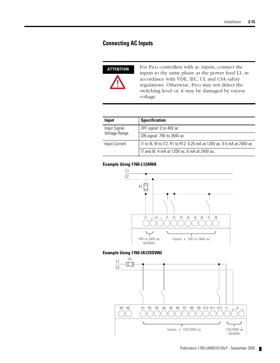 Connecting ac inputs | Rockwell Automation 1760-xxxx Pico Controller User Manual User Manual | Page 39 / 218