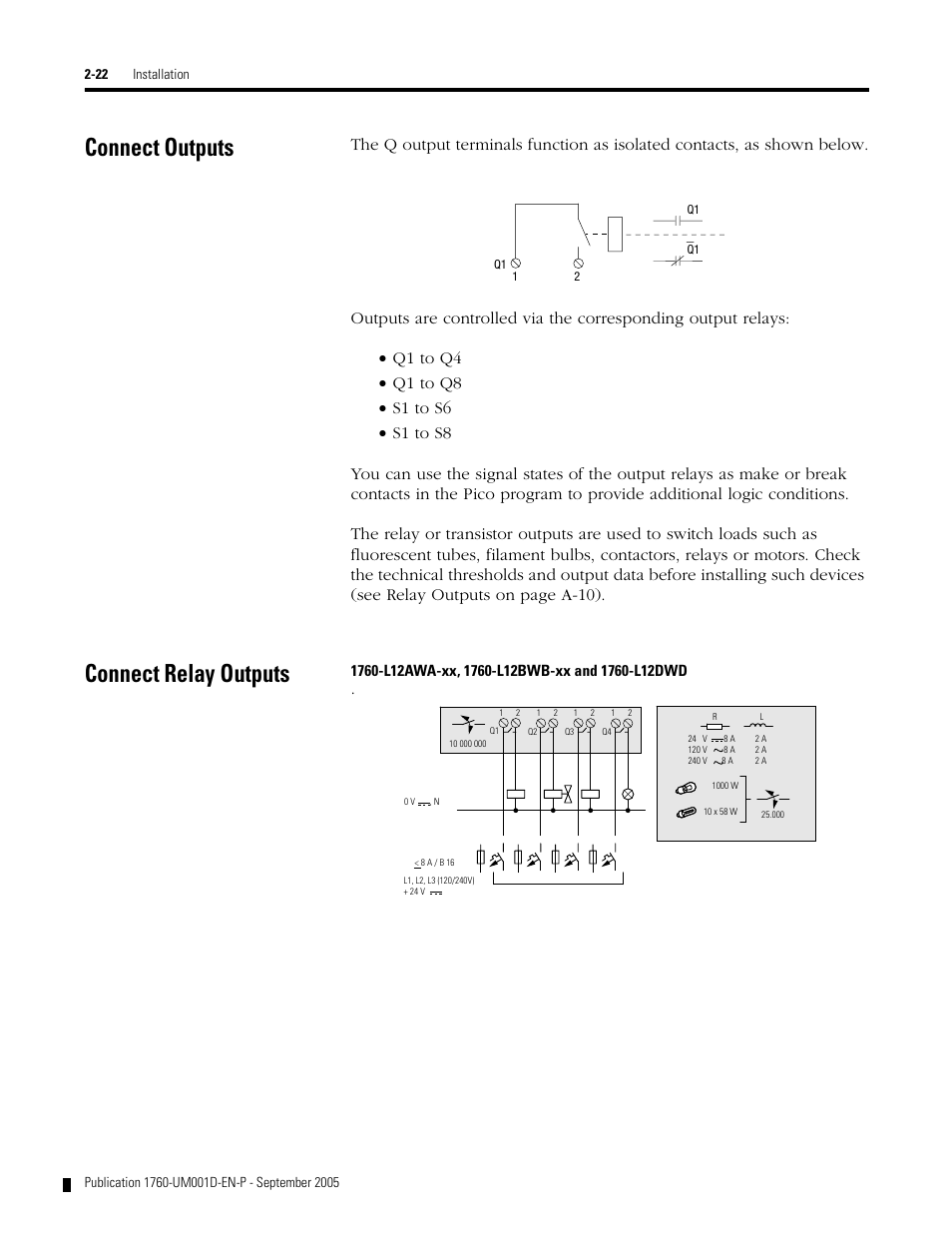 Connect outputs, Connect relay outputs, Connect outputs -22 connect relay outputs -22 | Rockwell Automation 1760-xxxx Pico Controller User Manual User Manual | Page 46 / 218