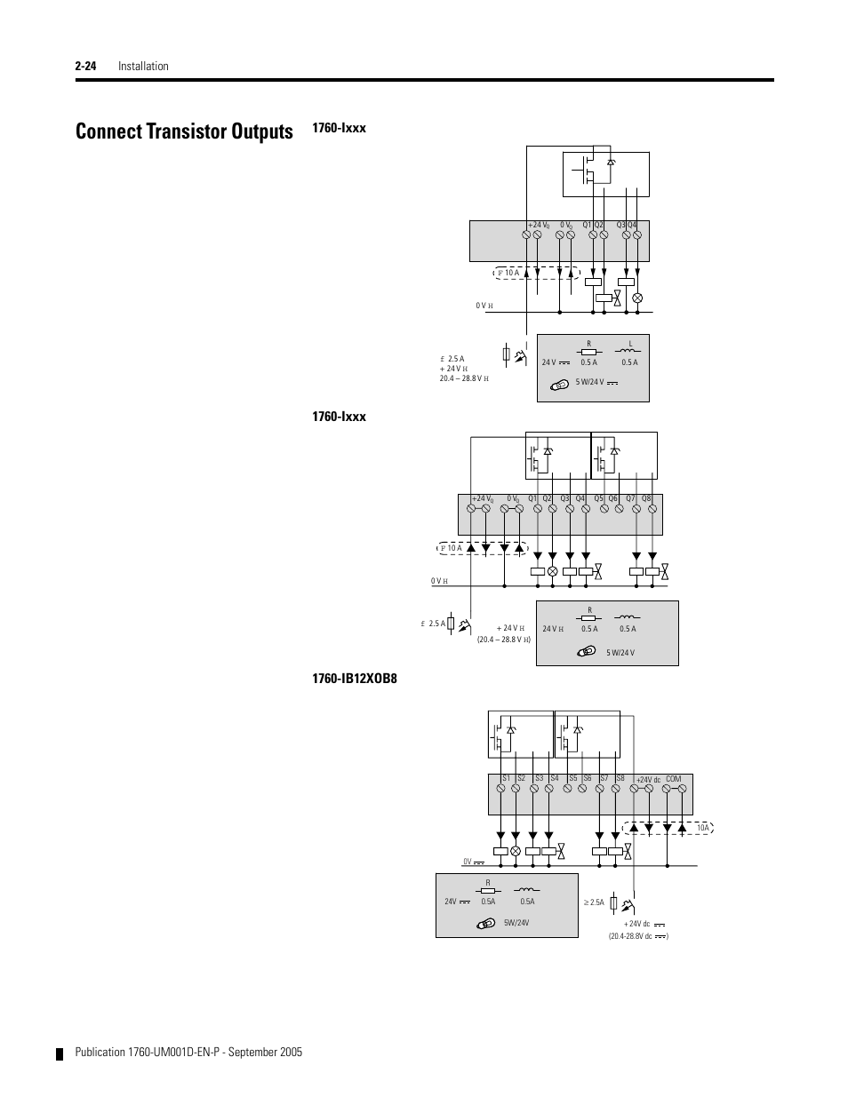 Connect transistor outputs, Connect transistor outputs -24, 1760-ixxx | Rockwell Automation 1760-xxxx Pico Controller User Manual User Manual | Page 48 / 218