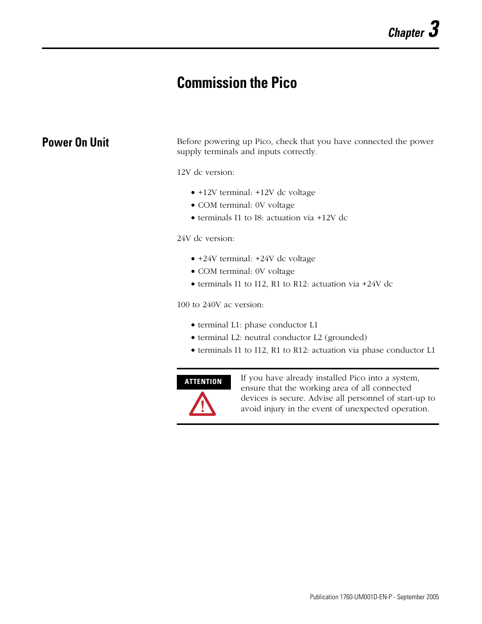 3 - commission the pico, Power on unit, Chapter 3 | Commission the pico, Power on unit -1, Chapter | Rockwell Automation 1760-xxxx Pico Controller User Manual User Manual | Page 51 / 218
