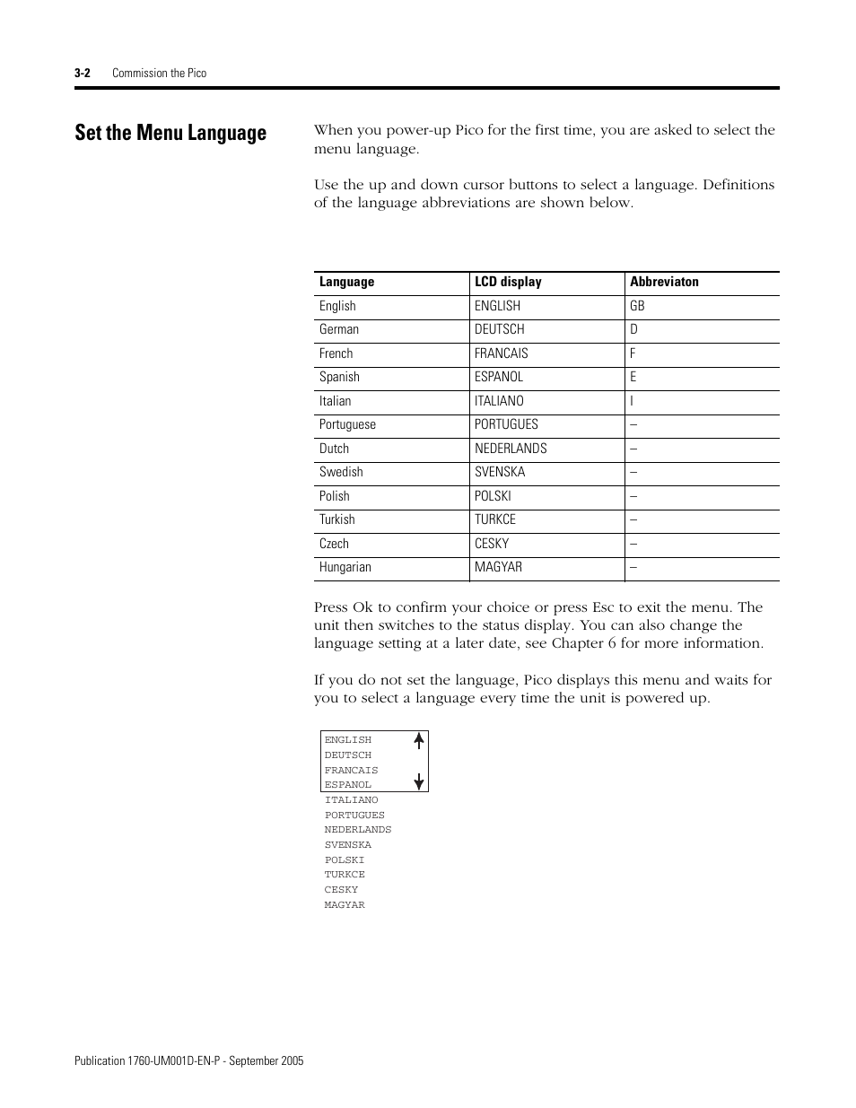 Set the menu language, Set the menu language -2 | Rockwell Automation 1760-xxxx Pico Controller User Manual User Manual | Page 52 / 218