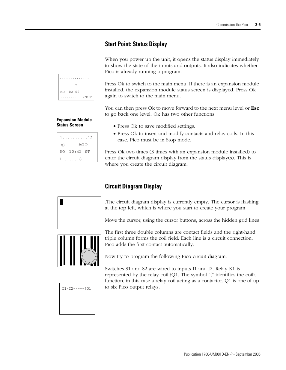 Start point: status display, Circuit diagram display | Rockwell Automation 1760-xxxx Pico Controller User Manual User Manual | Page 55 / 218