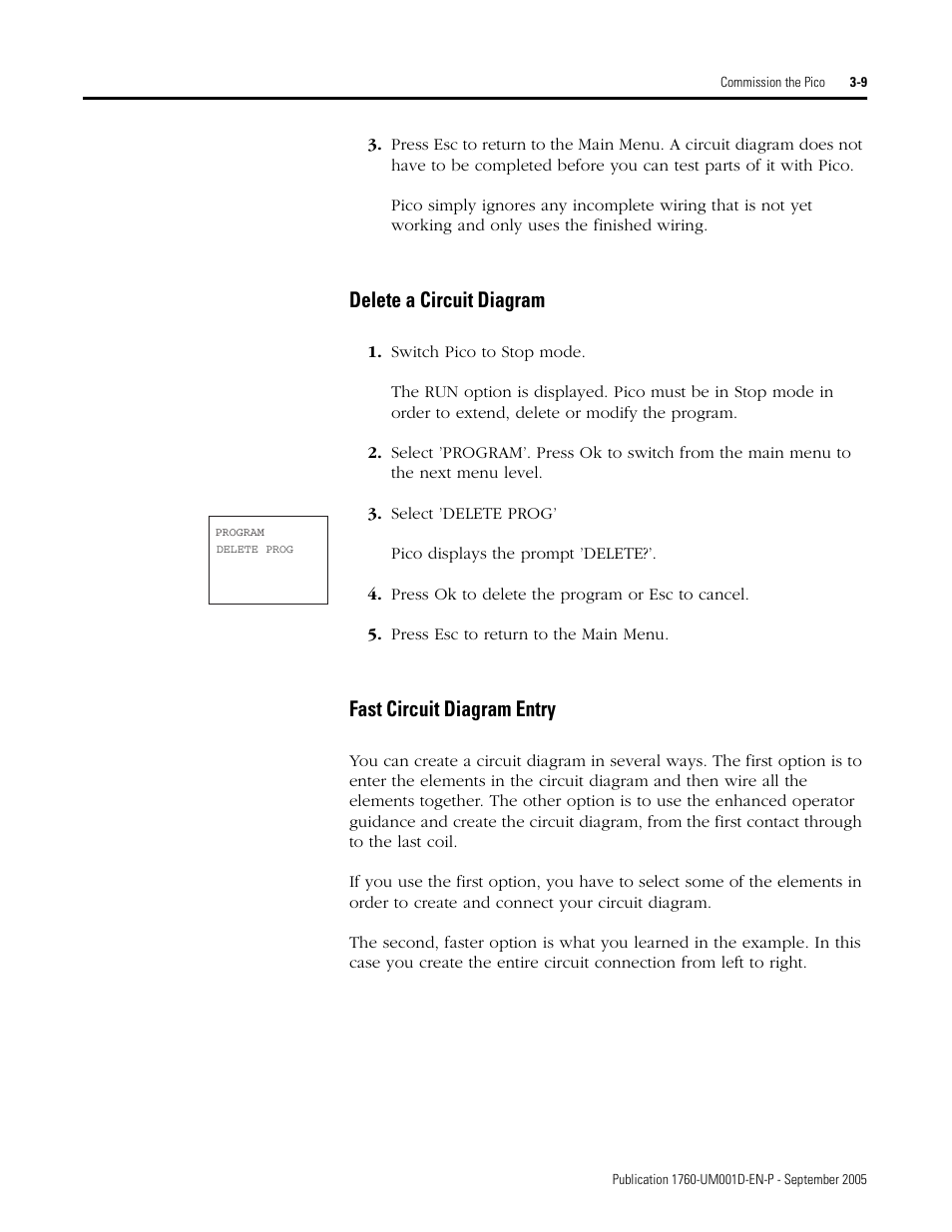 Delete a circuit diagram, Fast circuit diagram entry | Rockwell Automation 1760-xxxx Pico Controller User Manual User Manual | Page 59 / 218