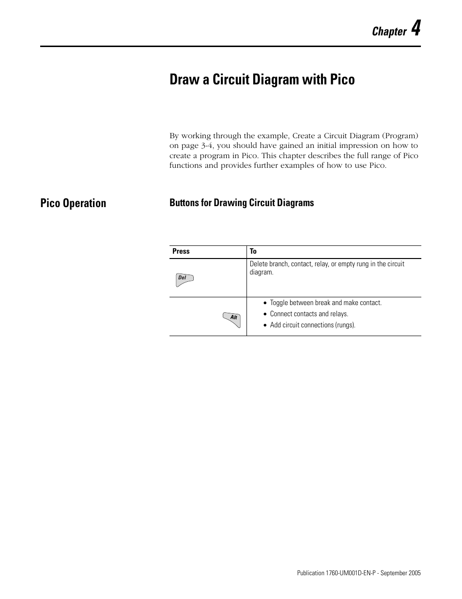 4 - draw a circuit diagram with pico, Pico operation, Chapter 4 | Draw a circuit diagram with pico, Pico operation -1, Chapter | Rockwell Automation 1760-xxxx Pico Controller User Manual User Manual | Page 61 / 218
