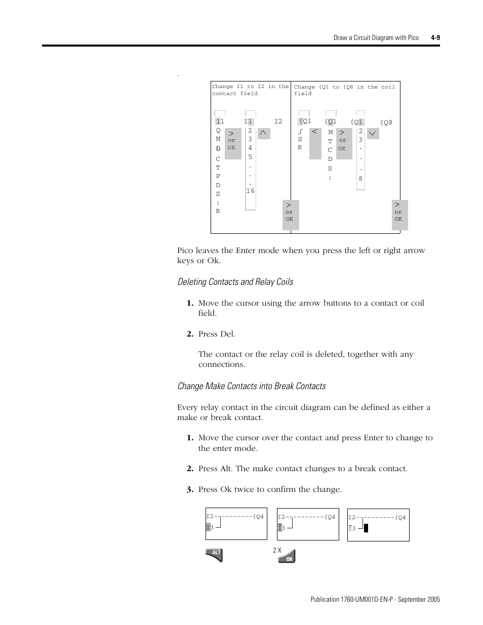 Deleting contacts and relay coils, Change make contacts into break contacts | Rockwell Automation 1760-xxxx Pico Controller User Manual User Manual | Page 69 / 218