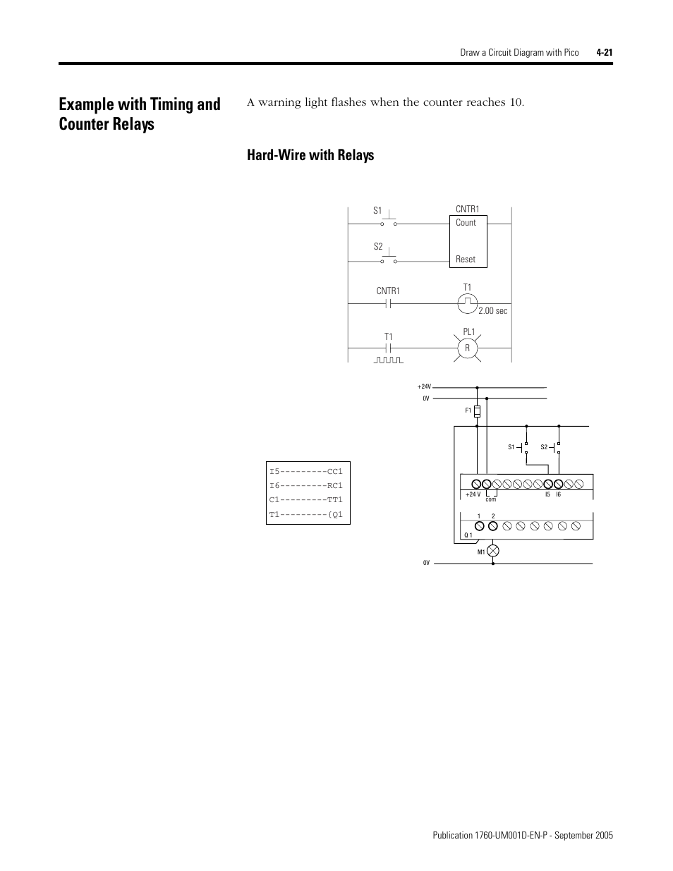 Example with timing and counter relays, Example with timing and counter relays -21, Hard-wire with relays | Rockwell Automation 1760-xxxx Pico Controller User Manual User Manual | Page 81 / 218