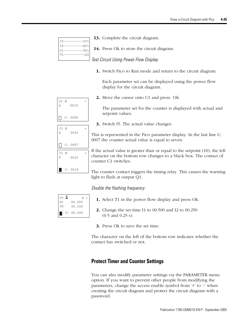 Protect timer and counter settings, Test circuit using power flow display, Double the flashing frequency | Rockwell Automation 1760-xxxx Pico Controller User Manual User Manual | Page 85 / 218