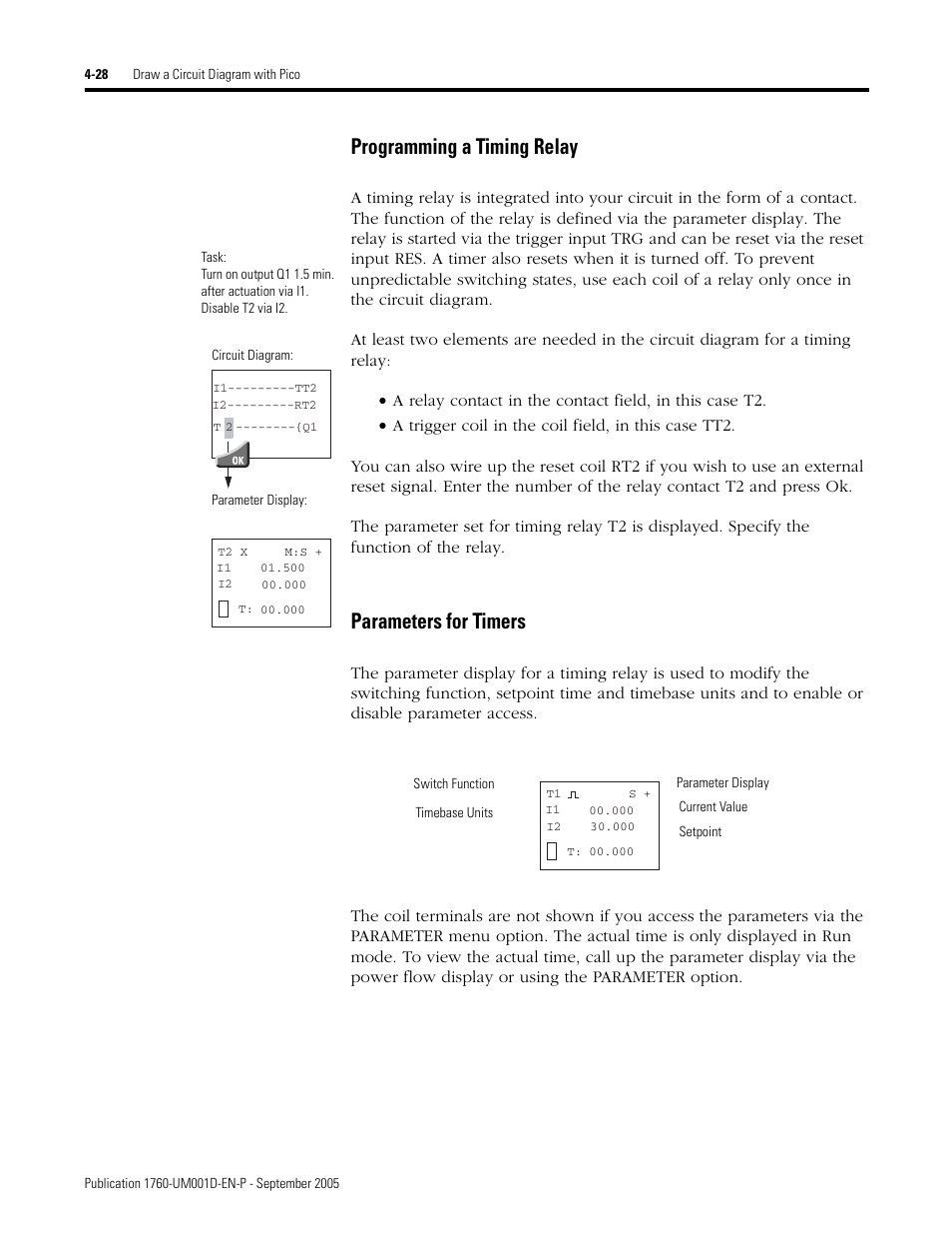 Programming a timing relay, Parameters for timers | Rockwell Automation 1760-xxxx Pico Controller User Manual User Manual | Page 88 / 218