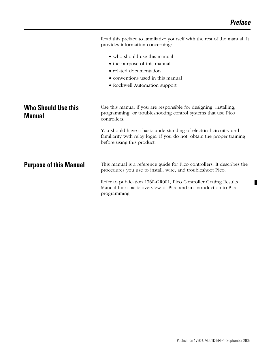 Preface, Who should use this manual, Purpose of this manual | Rockwell Automation 1760-xxxx Pico Controller User Manual User Manual | Page 9 / 218