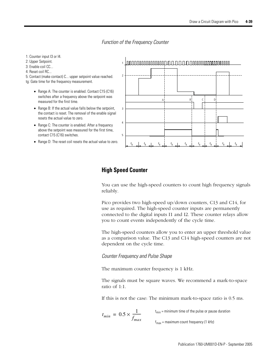 High speed counter, Function of the frequency counter, Counter frequency and pulse shape | 5 1 f | Rockwell Automation 1760-xxxx Pico Controller User Manual User Manual | Page 99 / 218