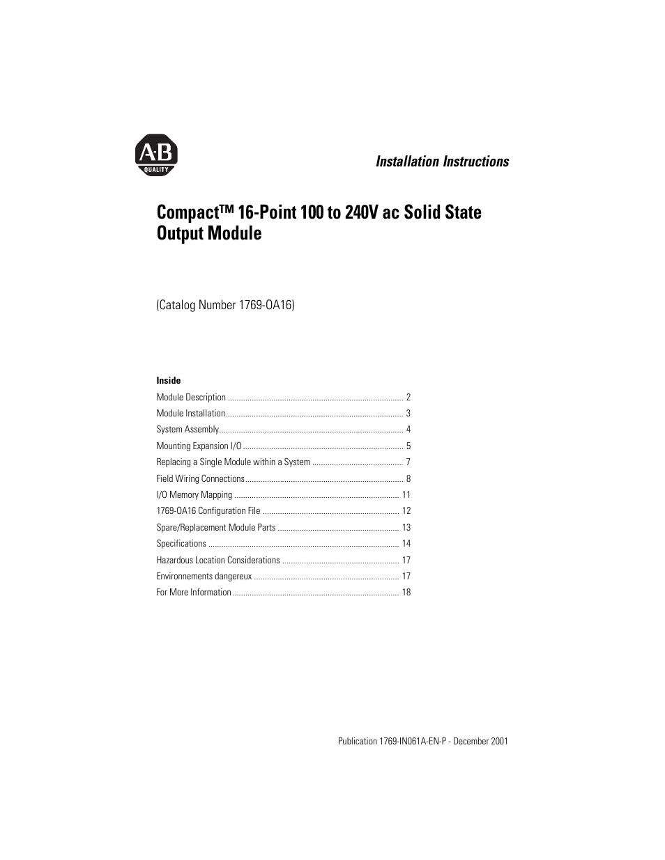 Rockwell Automation 1769-OA16 Compact 16-Point 100 to 240V ac Output Module User Manual | 20 pages