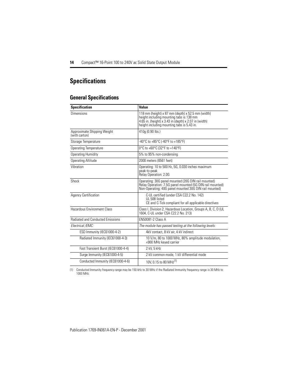 Specifications, General specifications | Rockwell Automation 1769-OA16 Compact 16-Point 100 to 240V ac Output Module User Manual | Page 14 / 20