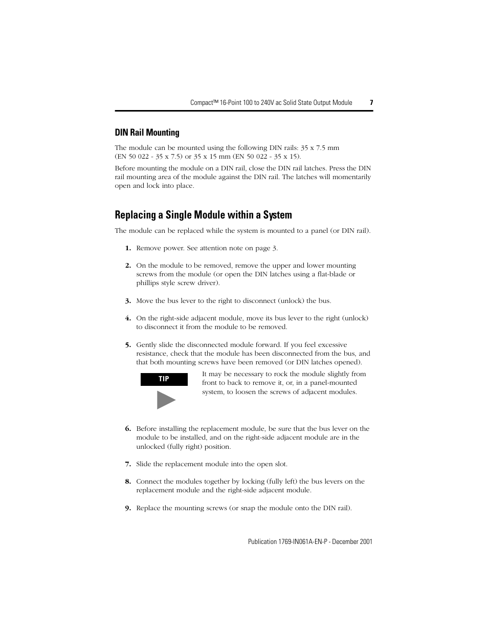 Replacing a single module within a system, Din rail mounting | Rockwell Automation 1769-OA16 Compact 16-Point 100 to 240V ac Output Module User Manual | Page 7 / 20