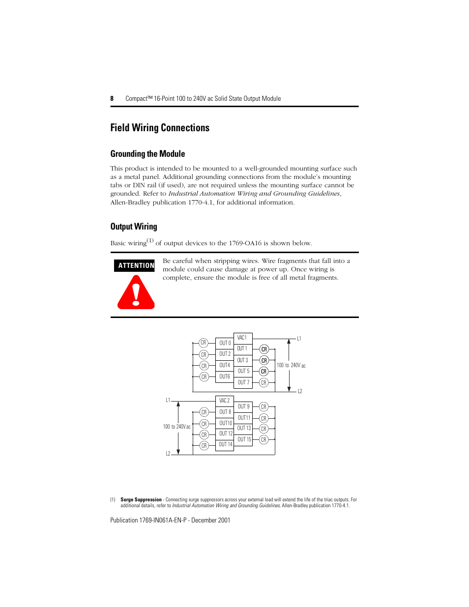 Field wiring connections, Grounding the module, Output wiring | Rockwell Automation 1769-OA16 Compact 16-Point 100 to 240V ac Output Module User Manual | Page 8 / 20