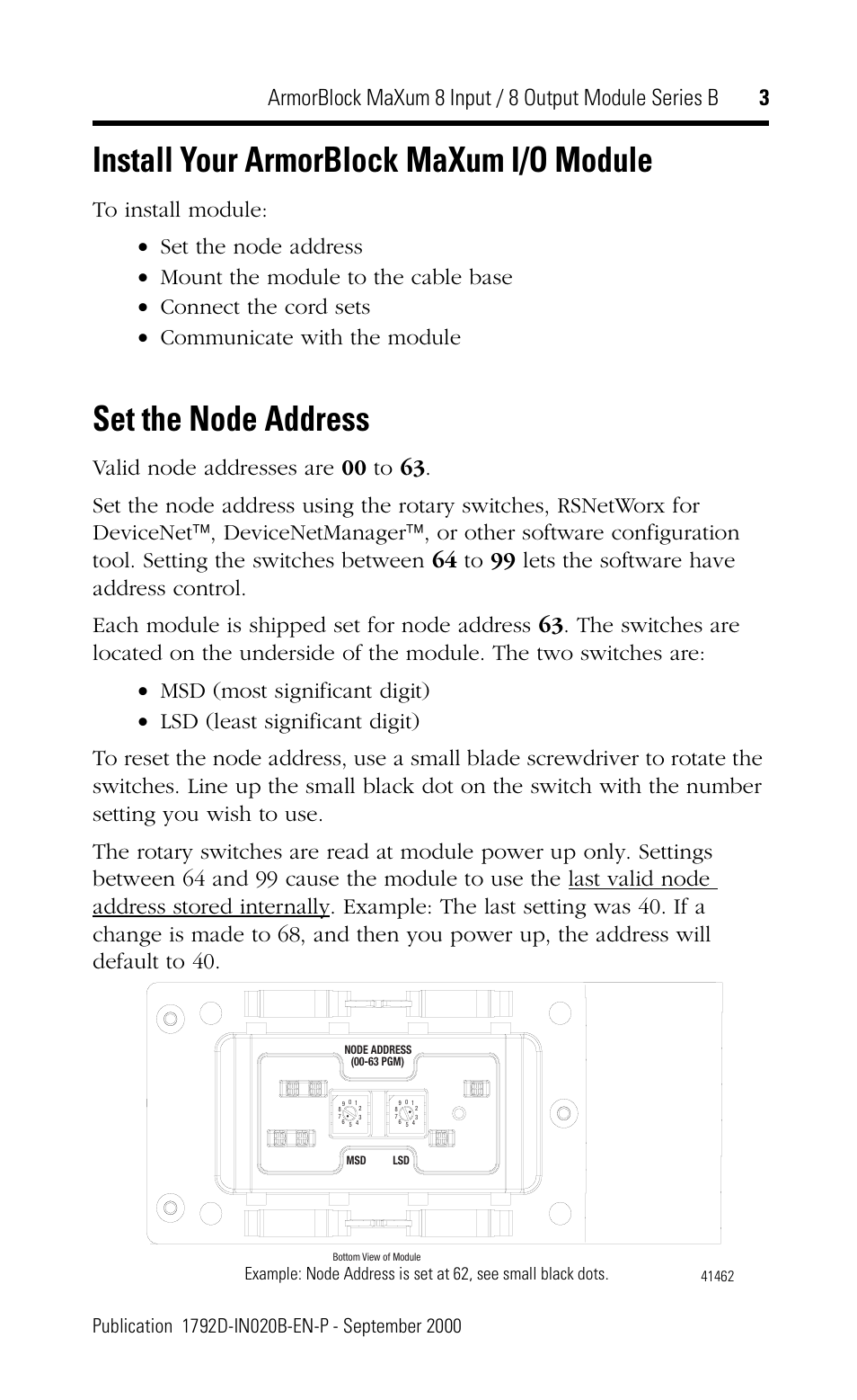 Install your armorblock maxum i/o module, Set the node address | Rockwell Automation 1792D-8BVT8D ArmorBlock MaXum 8 Input/8 Output Module Series B User Manual | Page 3 / 16