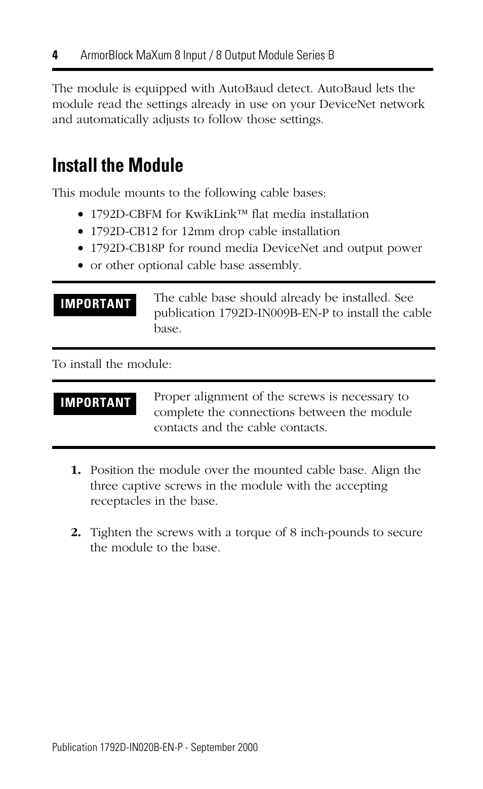 Install the module | Rockwell Automation 1792D-8BVT8D ArmorBlock MaXum 8 Input/8 Output Module Series B User Manual | Page 4 / 16