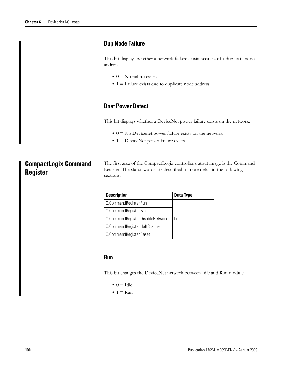 Compactlogix command register, Dup node failure dnet power detect, Dup node failure | Dnet power detect | Rockwell Automation 1769-SDN Compact I/O DeviceNet Scanner Module User Manual User Manual | Page 100 / 156