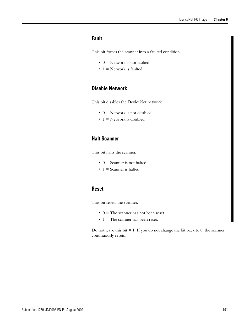 Fault disable network halt scanner reset, Fault, Disable network | Halt scanner, Reset | Rockwell Automation 1769-SDN Compact I/O DeviceNet Scanner Module User Manual User Manual | Page 101 / 156