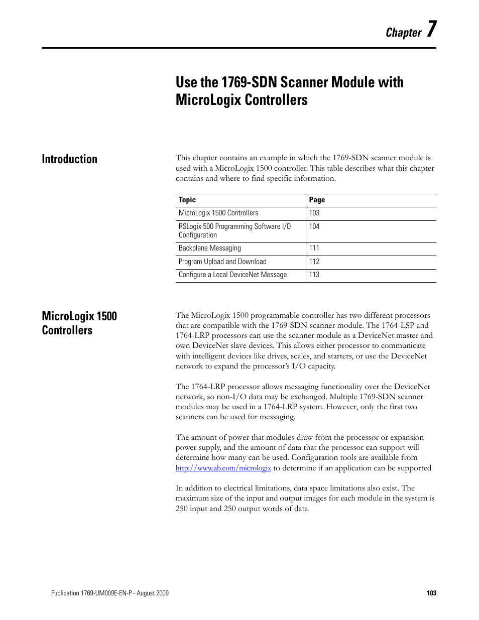 Introduction, Micrologix 1500 controllers, Chapter 7 | Introduction micrologix 1500 controllers, Chapter | Rockwell Automation 1769-SDN Compact I/O DeviceNet Scanner Module User Manual User Manual | Page 103 / 156