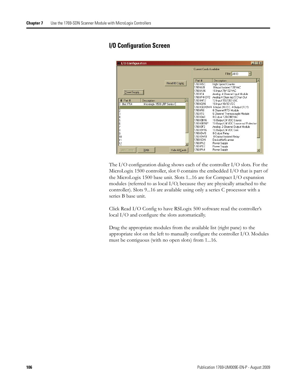 I/o configuration screen | Rockwell Automation 1769-SDN Compact I/O DeviceNet Scanner Module User Manual User Manual | Page 106 / 156