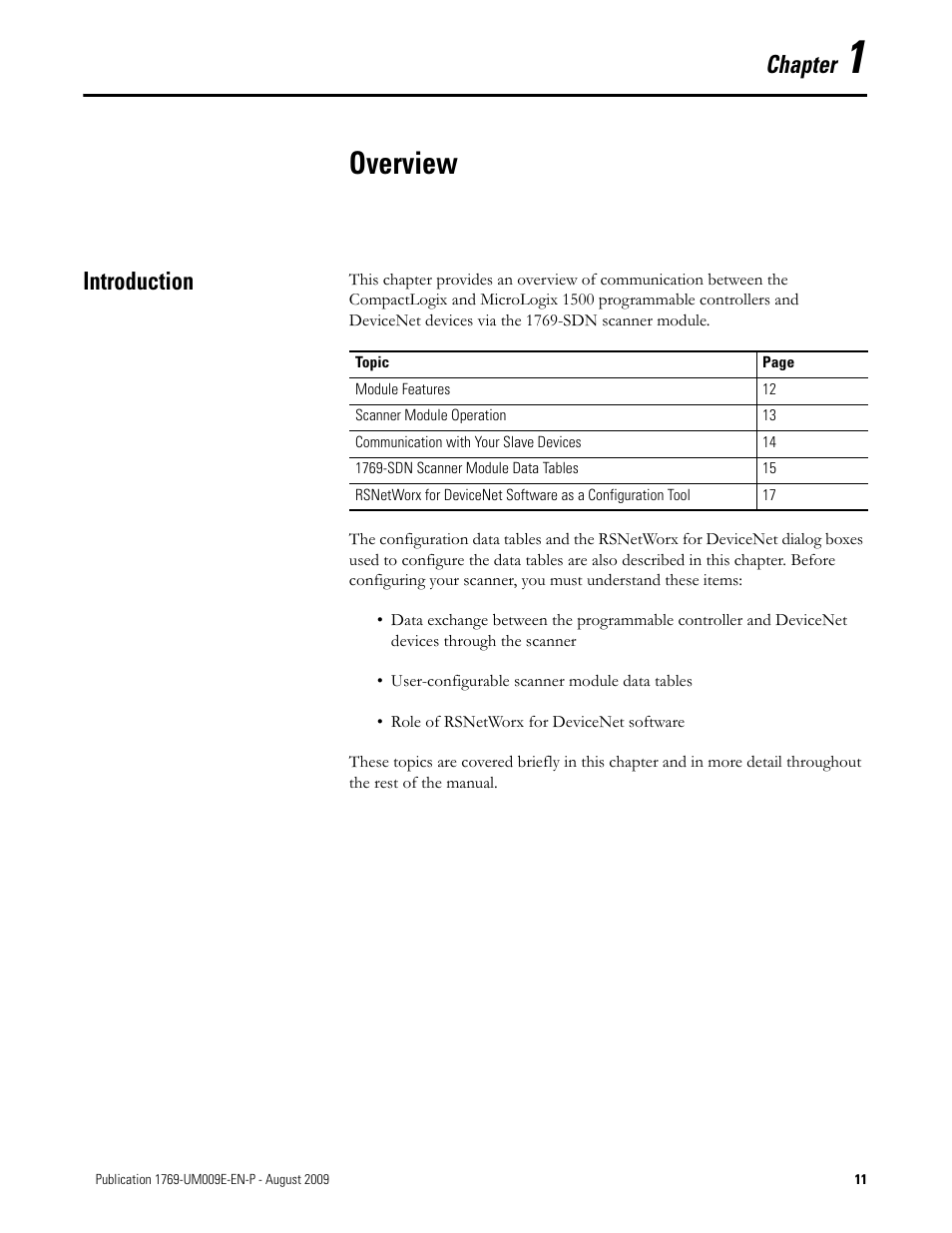 1 - overview, Introduction, Chapter 1 | Overview, Chapter | Rockwell Automation 1769-SDN Compact I/O DeviceNet Scanner Module User Manual User Manual | Page 11 / 156