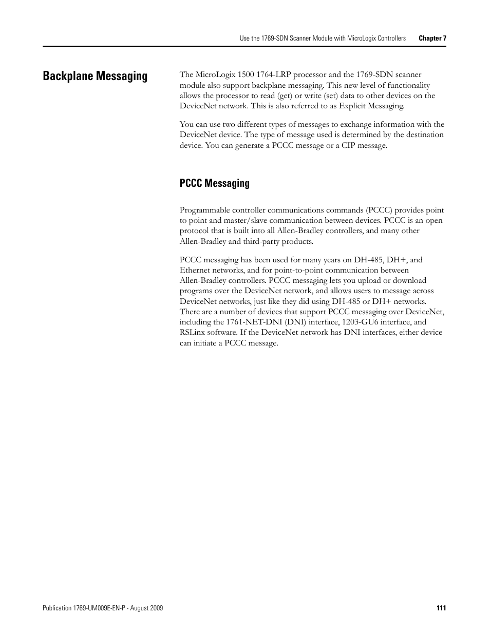 Backplane messaging, Pccc messaging | Rockwell Automation 1769-SDN Compact I/O DeviceNet Scanner Module User Manual User Manual | Page 111 / 156