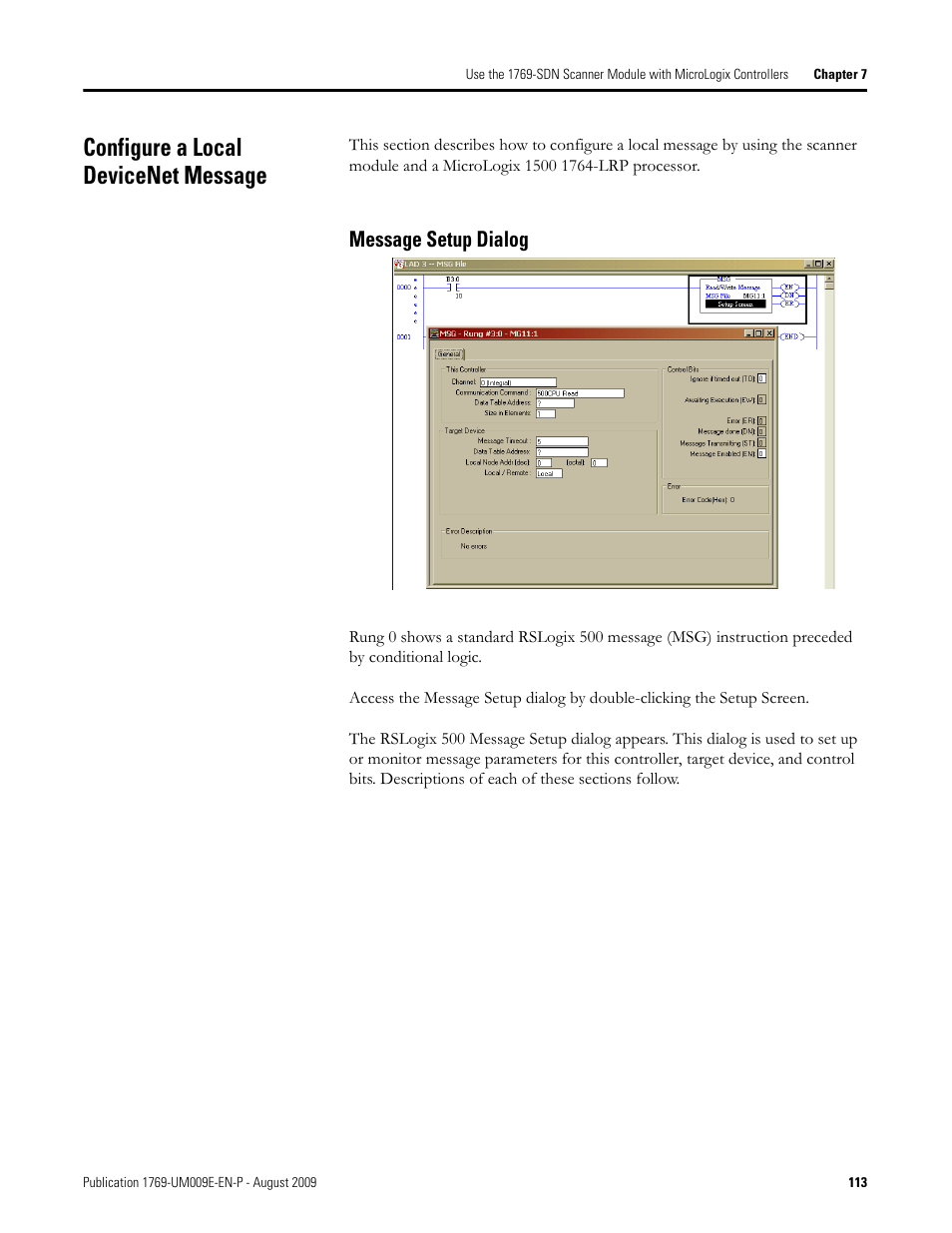 Configure a local devicenet message, Message setup dialog | Rockwell Automation 1769-SDN Compact I/O DeviceNet Scanner Module User Manual User Manual | Page 113 / 156