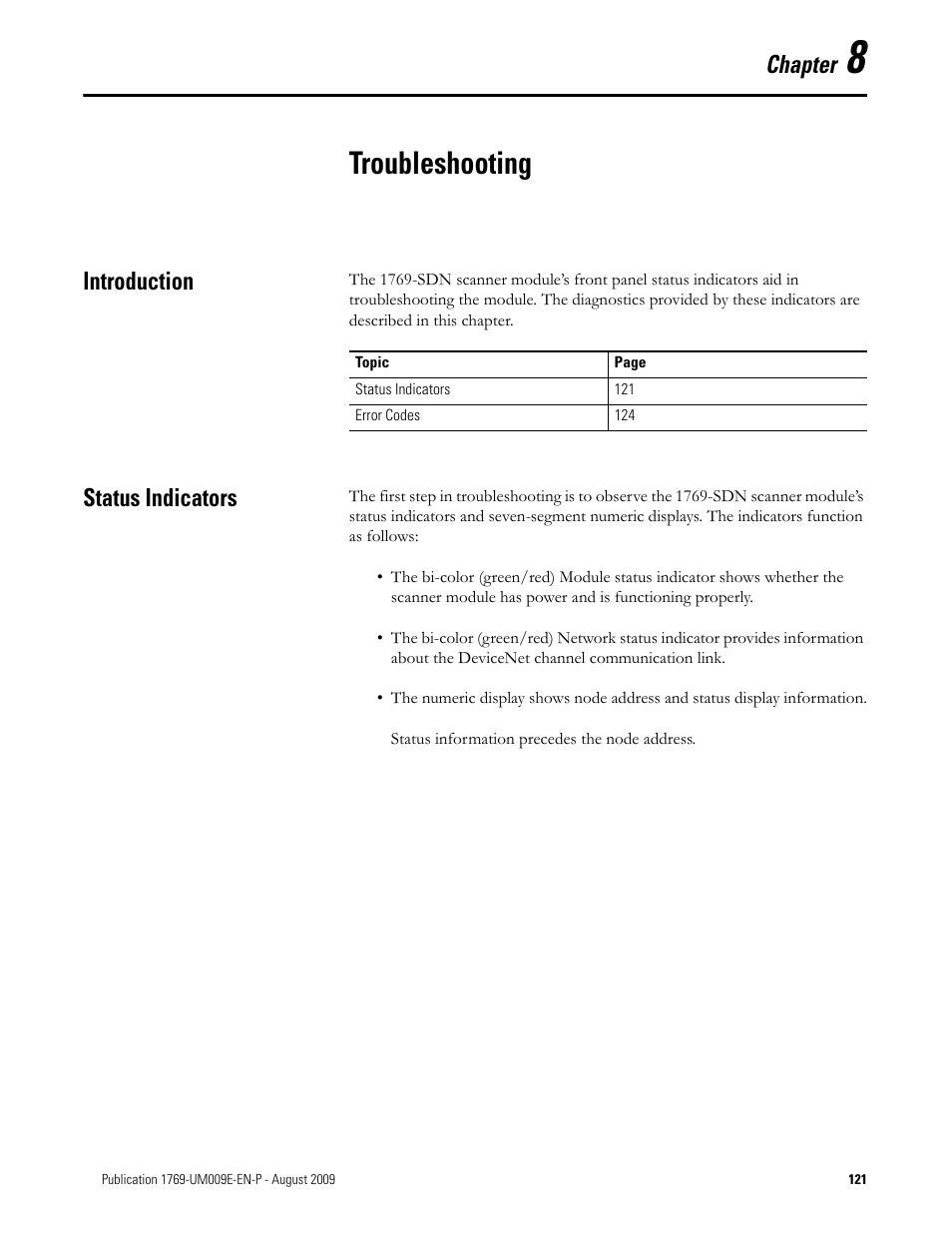 8 - troubleshooting, Introduction, Status indicators | Chapter 8, Troubleshooting, Introduction status indicators, Chapter | Rockwell Automation 1769-SDN Compact I/O DeviceNet Scanner Module User Manual User Manual | Page 121 / 156
