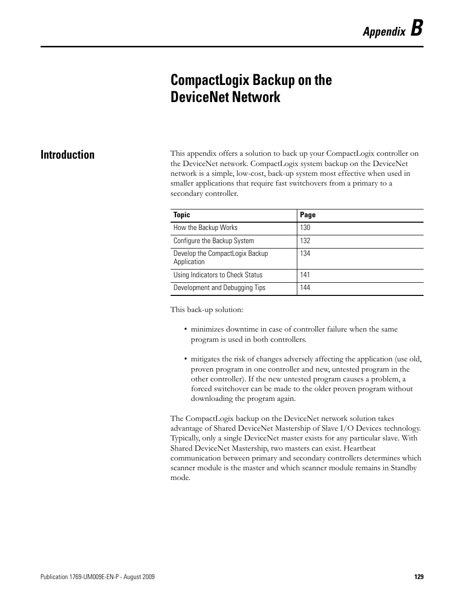 B - compactlogix backup on the devicenet network, Introduction, Appendix b | Compactlogix backup on the devicenet network, Appendix | Rockwell Automation 1769-SDN Compact I/O DeviceNet Scanner Module User Manual User Manual | Page 129 / 156