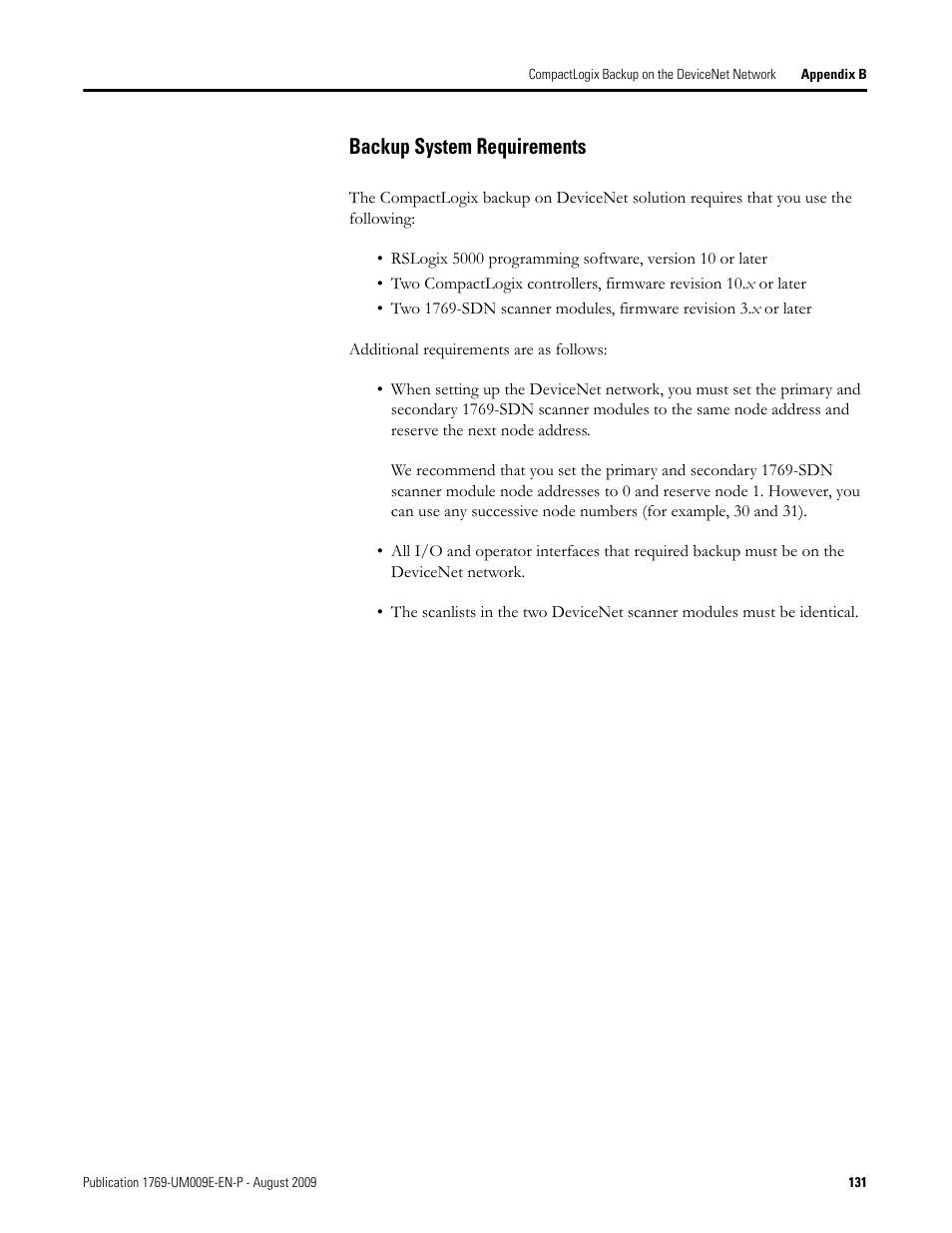 Backup system requirements | Rockwell Automation 1769-SDN Compact I/O DeviceNet Scanner Module User Manual User Manual | Page 131 / 156