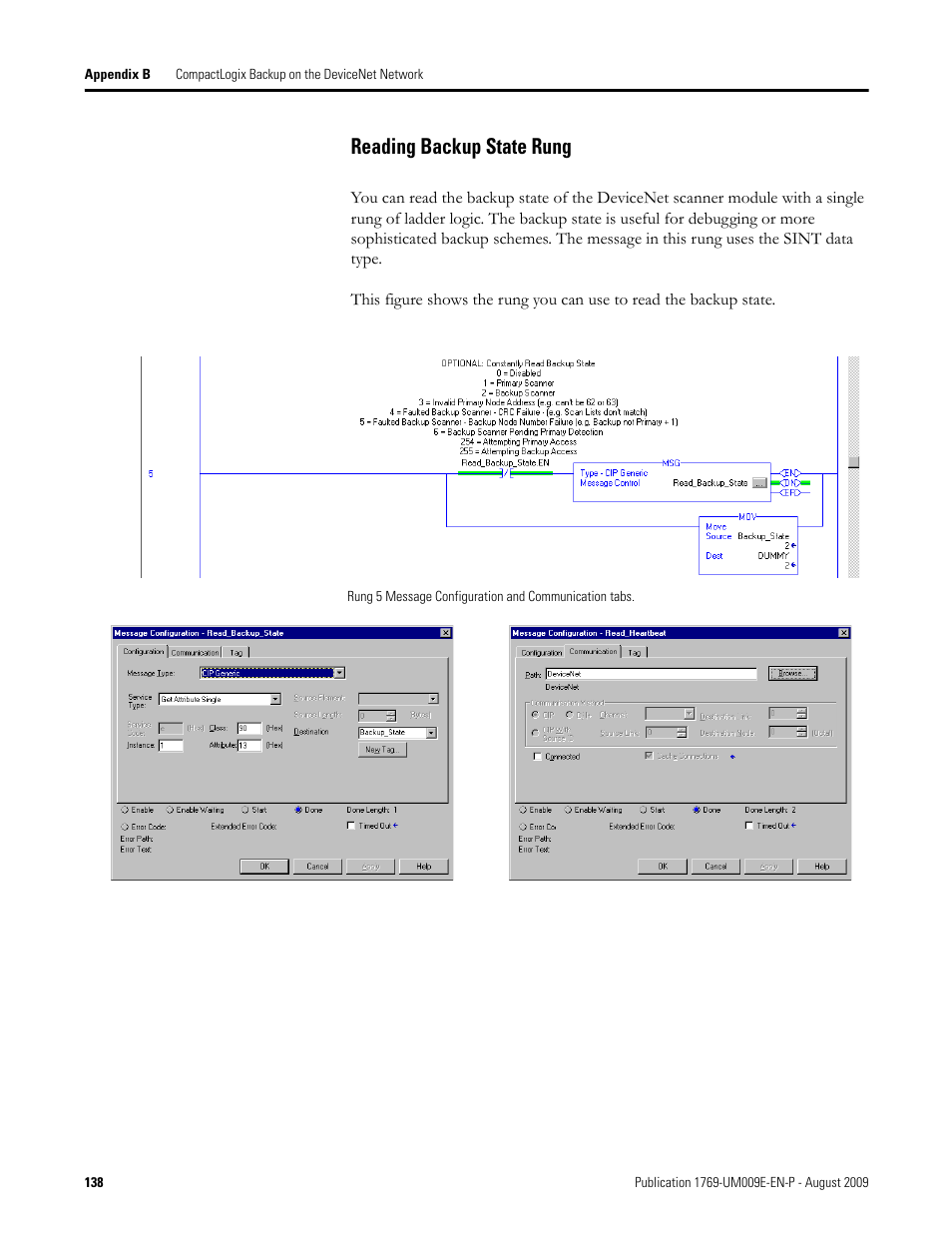 Reading backup state rung | Rockwell Automation 1769-SDN Compact I/O DeviceNet Scanner Module User Manual User Manual | Page 138 / 156