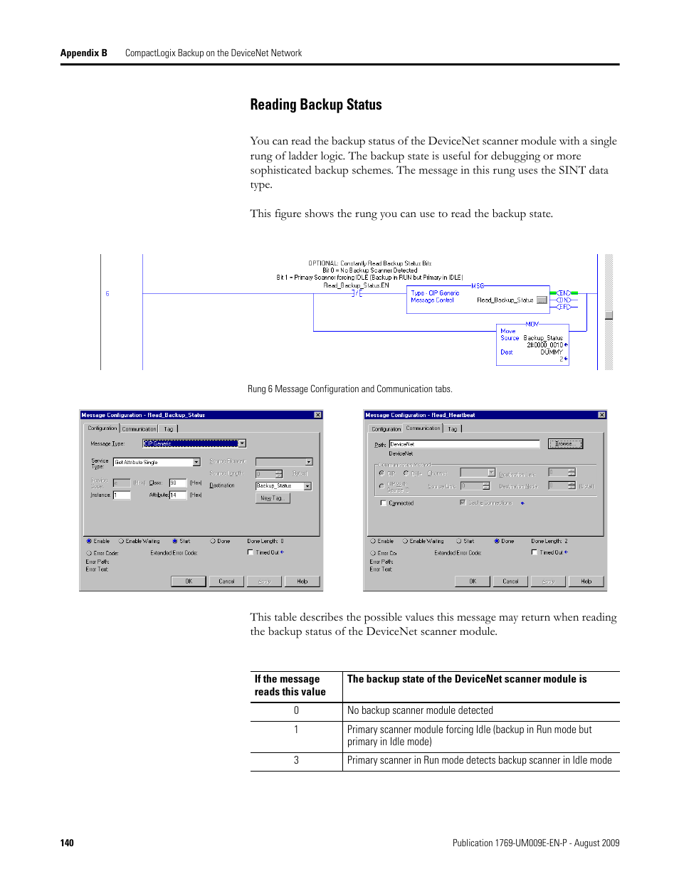 Reading backup status | Rockwell Automation 1769-SDN Compact I/O DeviceNet Scanner Module User Manual User Manual | Page 140 / 156