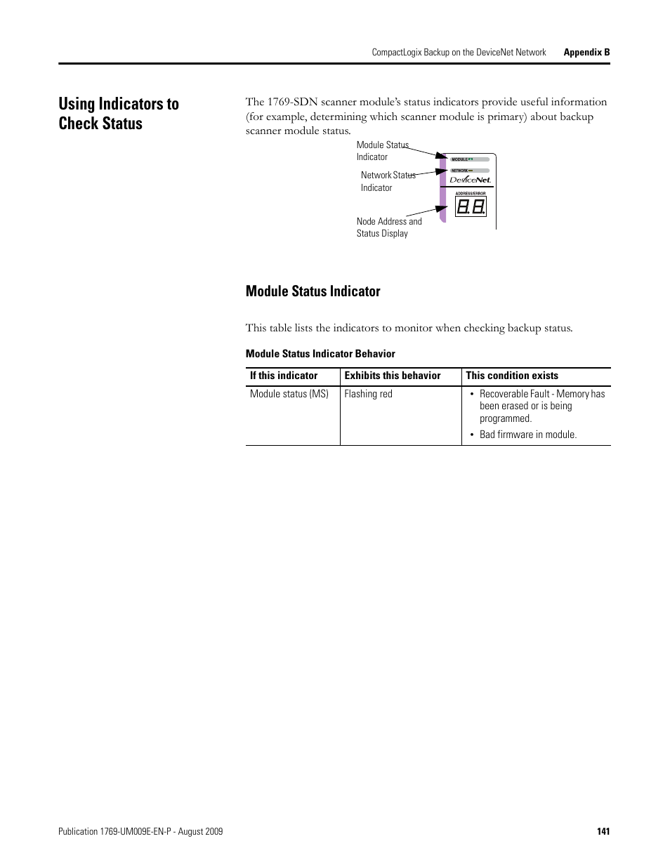 Using indicators to check status, Module status indicator | Rockwell Automation 1769-SDN Compact I/O DeviceNet Scanner Module User Manual User Manual | Page 141 / 156