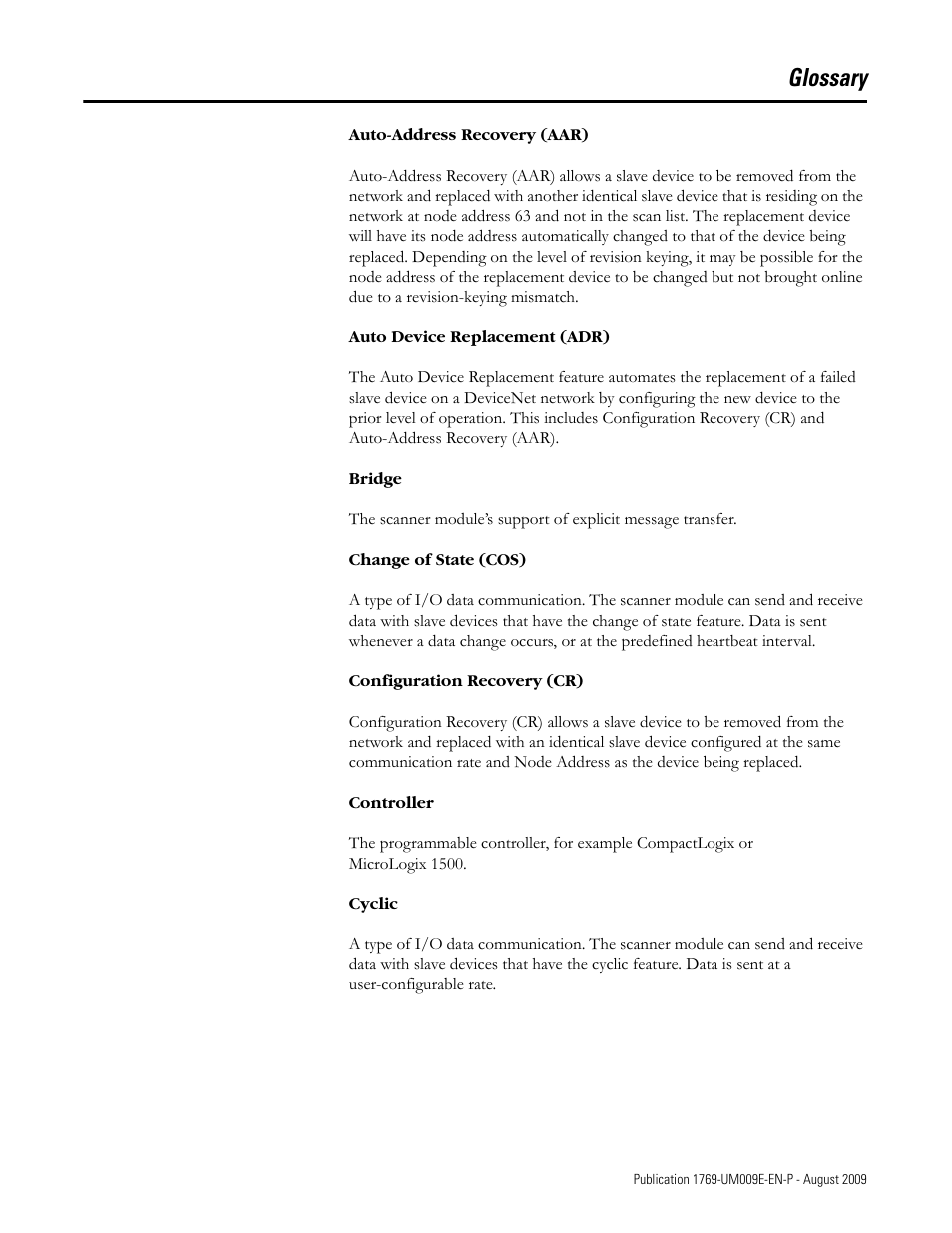 Glossary | Rockwell Automation 1769-SDN Compact I/O DeviceNet Scanner Module User Manual User Manual | Page 147 / 156