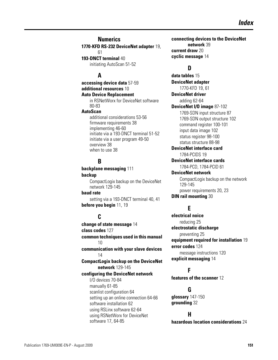 Index, Numerics | Rockwell Automation 1769-SDN Compact I/O DeviceNet Scanner Module User Manual User Manual | Page 151 / 156