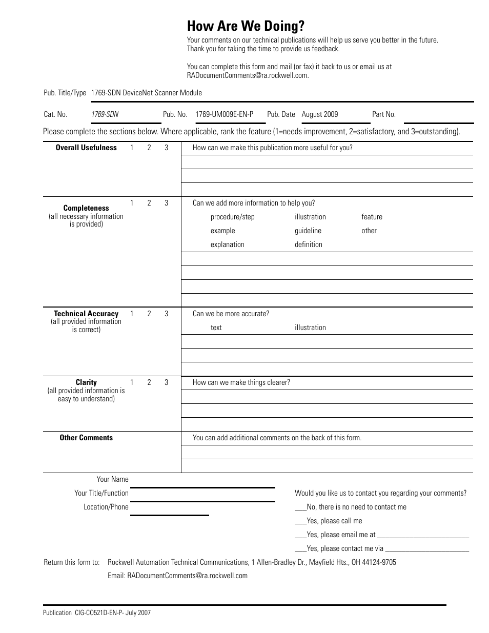 How are we doing | Rockwell Automation 1769-SDN Compact I/O DeviceNet Scanner Module User Manual User Manual | Page 153 / 156